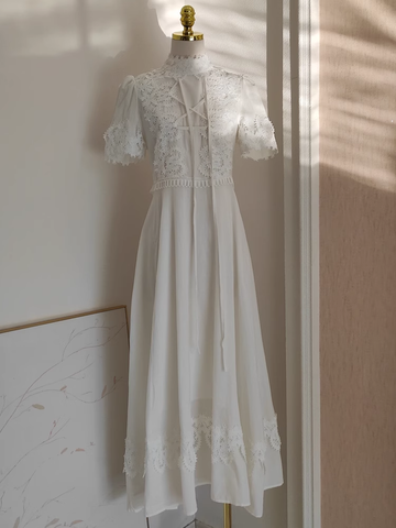 A line High Neckline Short Sleeves Lace White Party Dress Chiffon Holiday Dresses SD348